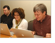 NHGRI staffers Ray MacDougall (left), Carla Easter and Jeff Whitherly answer questions at the DNA Day Online Chatroom