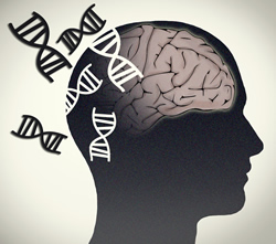 Illustrated human head with DNA helices