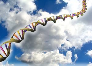 DNA double-helix with clouds in the background