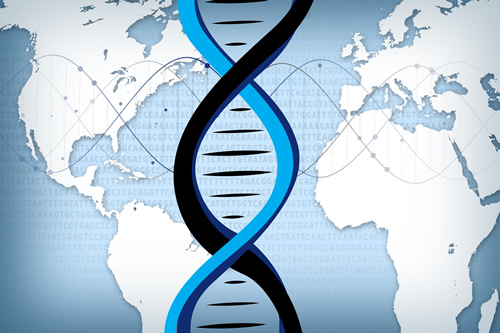 DNA double helix with world map