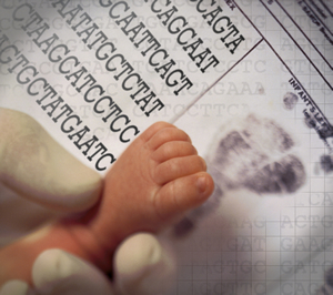 Newborn baby feet and letters of A, T, C, G.