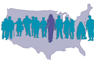 Silhouettes of people on the map of U.S.A.