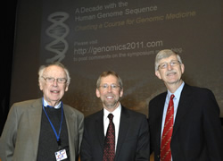 Former NHGRI   Directors, James Watson, Ph.D., co-discoverer of the structure of DNA (left),   and Francis Collins, M.D., Ph.D., NIH Director (right), pause for a photo with   Eric Green, M.D., Ph.D., current NHGRI Director before the scientific   symposium.