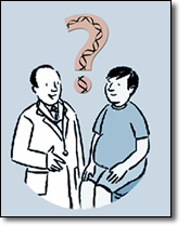 Cartoon drawing of a doctor and patient with a question mark between them