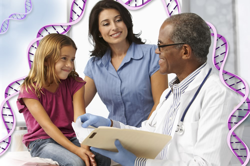 A young patient with a family member and a doctor