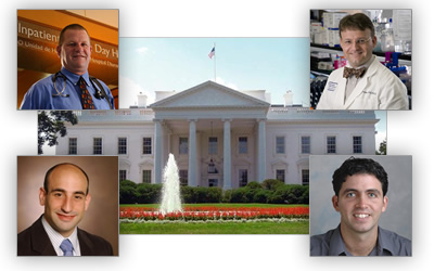 Photos of the four PECASE awardees surrounding an image of the White House