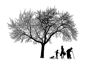 Illustration with a tree next to four individuals from different age groups. Courtesy of National Institute on Aging, NIH