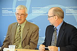 Leslie Biesecker (left) and Larry Thompson at the telebriefing