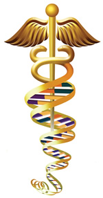 DNA double helix around the Caduceus. Courtesy of Department of Energy