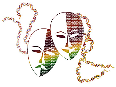 Tragedy Comedy masks with helices around