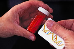 Pill bottle with DNA double helix on the label