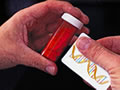 Pill bottle with DNA double helix on the label