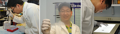 Jae Jin Chae, Ph.D., a staff scientist in the Inflammatory Disease Section of NHGRI's Medical Genetics Branch, analyzes a Western blot result. Western blotting is a technique used to detect a specific protein in a blood or tissue sample.