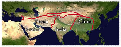 Silk Road. The red line indicates the land route