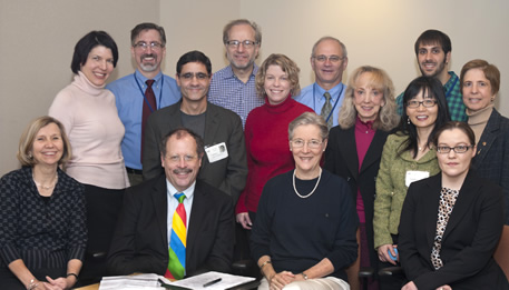 NIH Undiagnosed Diseases Program/Network members from NHGRI recently hosted members of the newly selected Coordinating Center for the Undiagnosed Diseases Network (UDN), visiting from Harvard Medical School. Seated, from left: Alexa McCray, Ph.D., Harvard; Thomas Markello, M.D., Ph.D., NHGRI; Cyndi Tifft, M.D., Ph.D., NHGRI; and Anastasia Wise, Ph.D., NHGRI. Middle row, Rachel Ramoni, D.M.D., Sc.D., Harvard; Eric Perakslis, Ph.D., Harvard; Beth Rayworth, Clinical Assistance Programs/Harvard; Ingrid Holm, M.D., Ph.D., Harvard; Tianxi Cai, Sc.D., Harvard; Teri Manolio, M.D., Ph.D., NHGRI. Back row: David Adams, M.D., Ph.D., NHGRI; Isaac Kohane, M.D., Ph.D., Harvard; William Gahl, M.D., Ph.D., NHGRI; Nicolas Digiacomo, NHGRI.