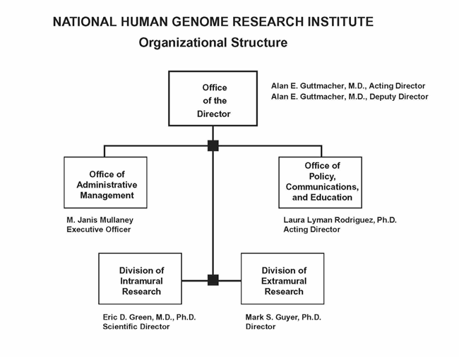 NHGRI Organizational Structure Chart.  The chart shows 5 boxes, the Office of the Director box at the top with 4 boxes underneath - one for the Office of Administrative Management (OAM), one for the Office of Policy, Communications, and Education (OPCE), one for the Division of Intramural Research (DIR), and one for the Division of Extramural Research (DER).  The Director's 4 reports are: M. Janis Mullaney, Executive Officer; Laura Lyman Rodriguez, Ph.D., Acting Director of OPCE; Eric D. Green, M.D., Ph.D., NHGRI's Scientific Director; and Mark S. Guyer, Director of the Division of Extramural Research.