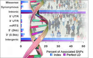 Double helix over bar chart with people in the background