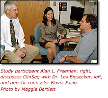 Study participant Alan L. Freeman, right, discusses ClinSeq with Dr. Les Biesecker, left, and genetic counselor Flavia Facio. Photo by Maggie Bartlett