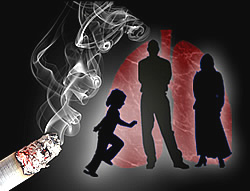 Lit, smoking cigarette with child and two adults in silhoutte in front of lung image