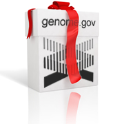 Gift box with NHGRI logo on the front and red ribbon on top