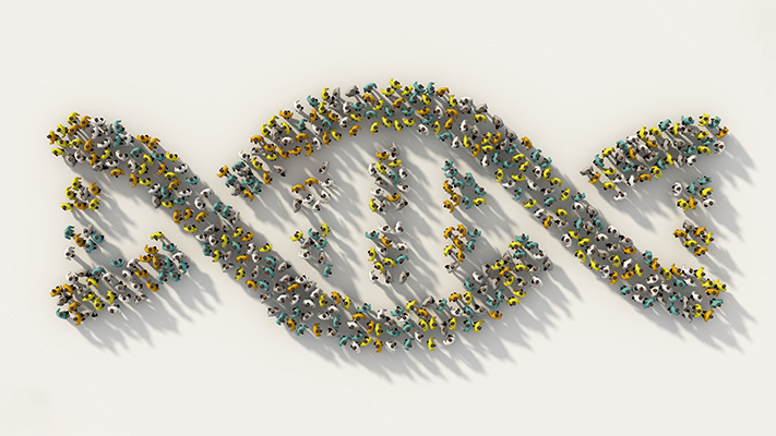 People lining up in the formation of a double-helix