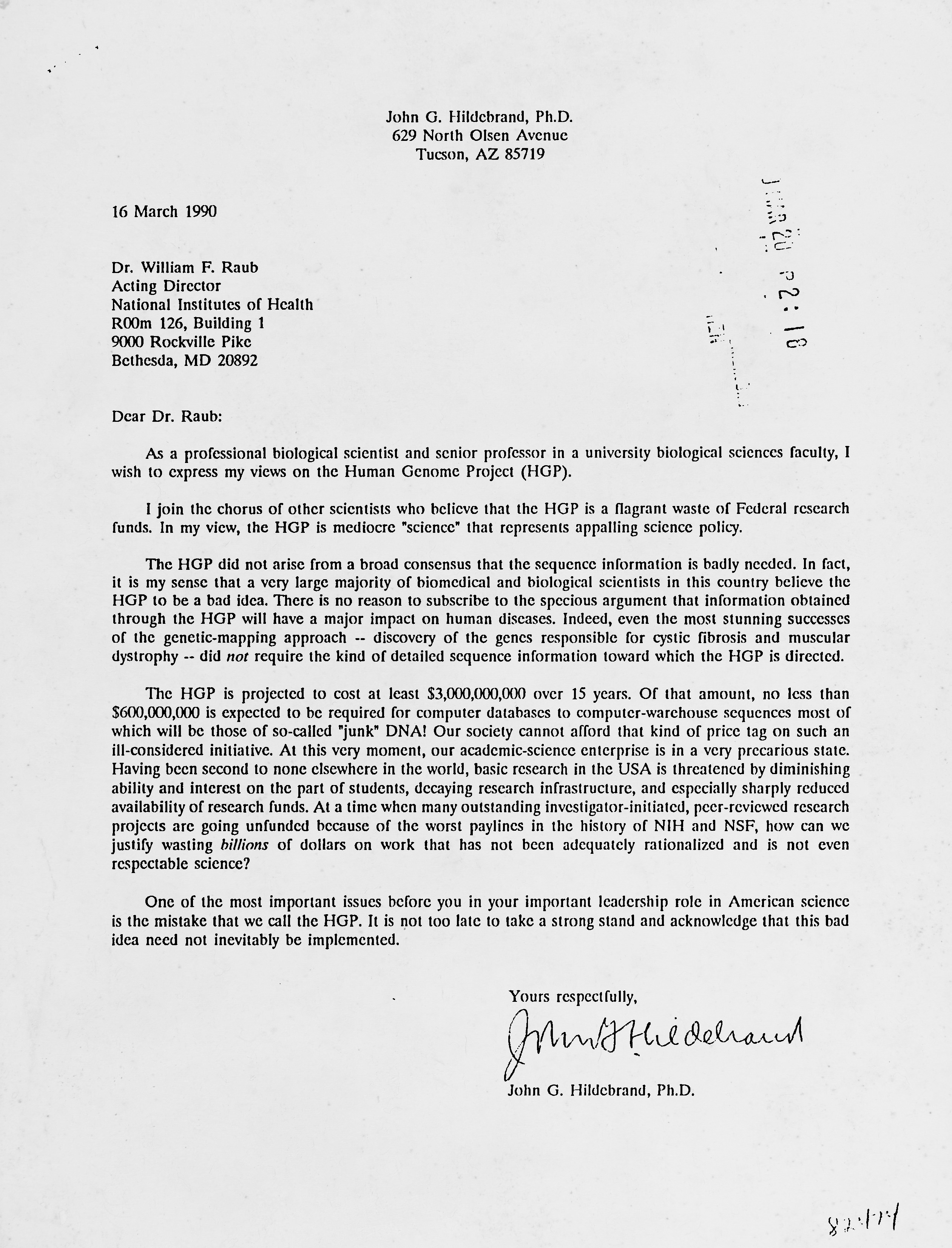 Anti-HGP Letter from John Hildebrand