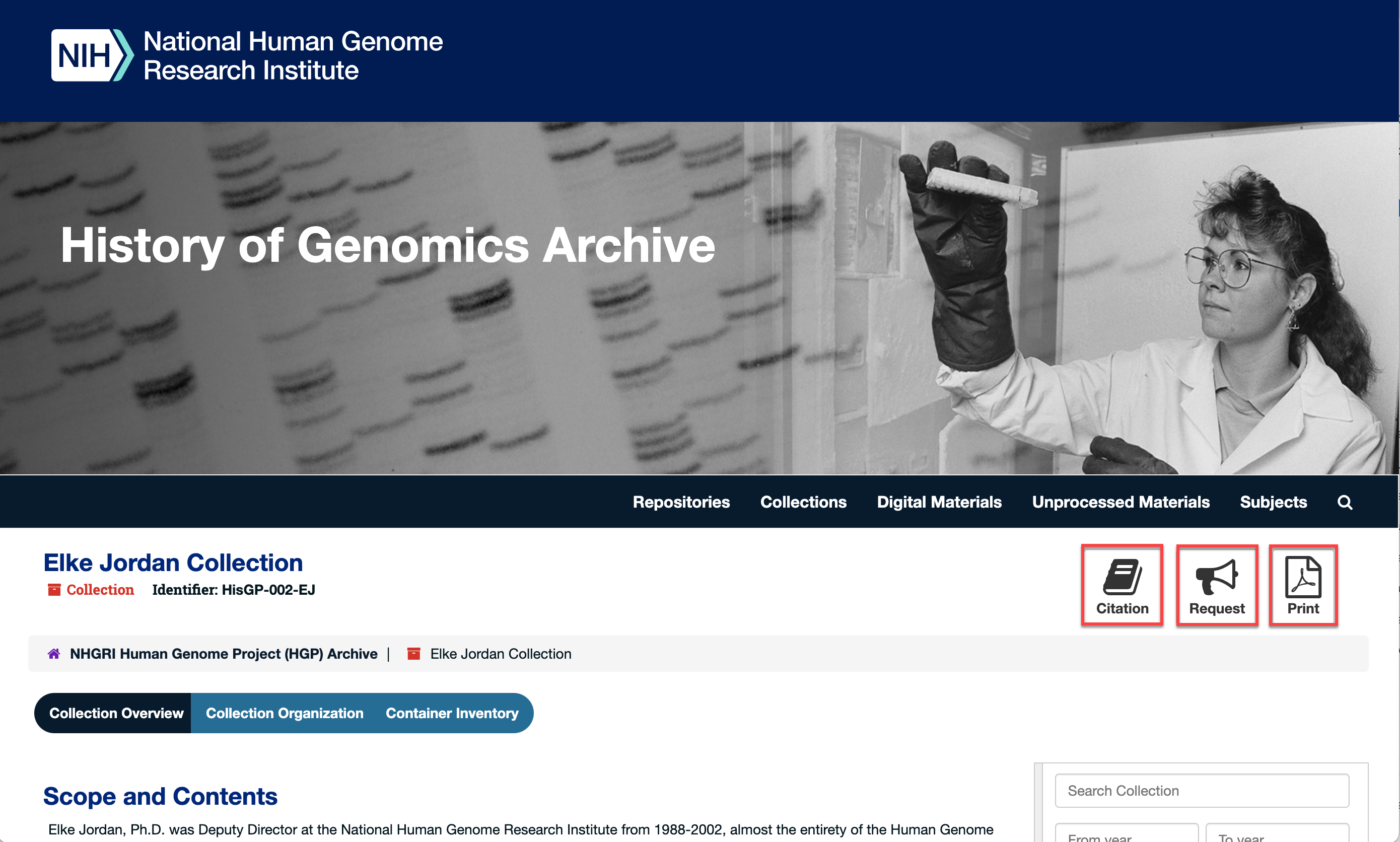 Screenshot of History of Genomics Archive using the ArchivesSpace tool: Elke Jordan Collection.  Icon buttons for the Citation, Request and Print functions are highlighted with boxes around them. 