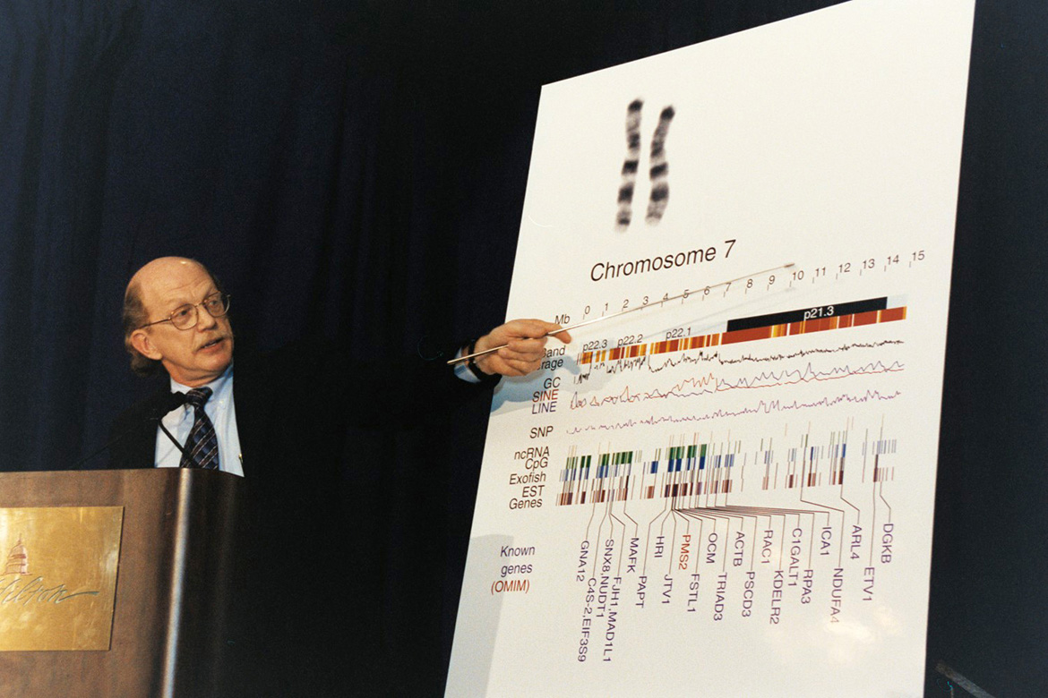 In February 2001, HGP researchers published the initial analysis of the human genome sequence. Bob Waterston, pictured here, describes results pertaining to human chromosome 7.