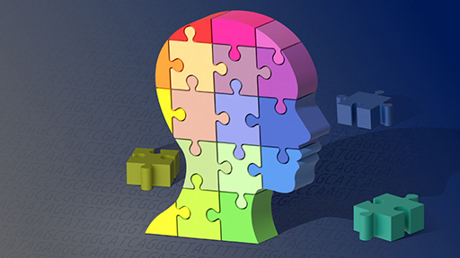 Puzzle pieces of different color assembling into a human silhouette