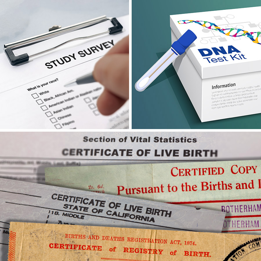 Image of a Study Survey, Saliva DNA Test, and Birth Certificates