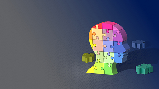 Puzzle pieces of different color assembling into a human silhouette