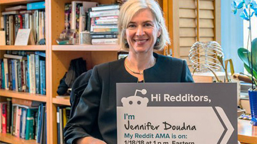 Dr. Jennifer Doudna holding Reddit AMA sign