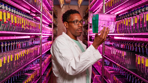 Researcher holding a tank of Zebrafish