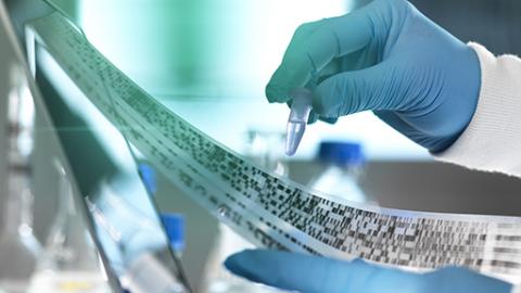 Research scientist holding a sample in a vial with DNA results on autoradiogram gel in laboratory, close up of hand